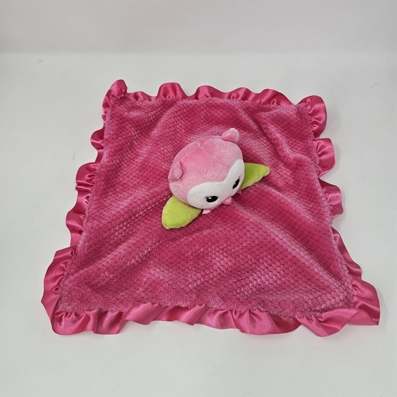 Okie Dokie Pink Owl Security Blanket Lovey Rattle Plush Satin Ruffle Baby Toy - Picture 2 of 6